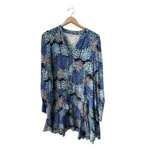 Sail To Sable Dress Women L Tier Swing Sheer Lined Floral STS Party Core Blue